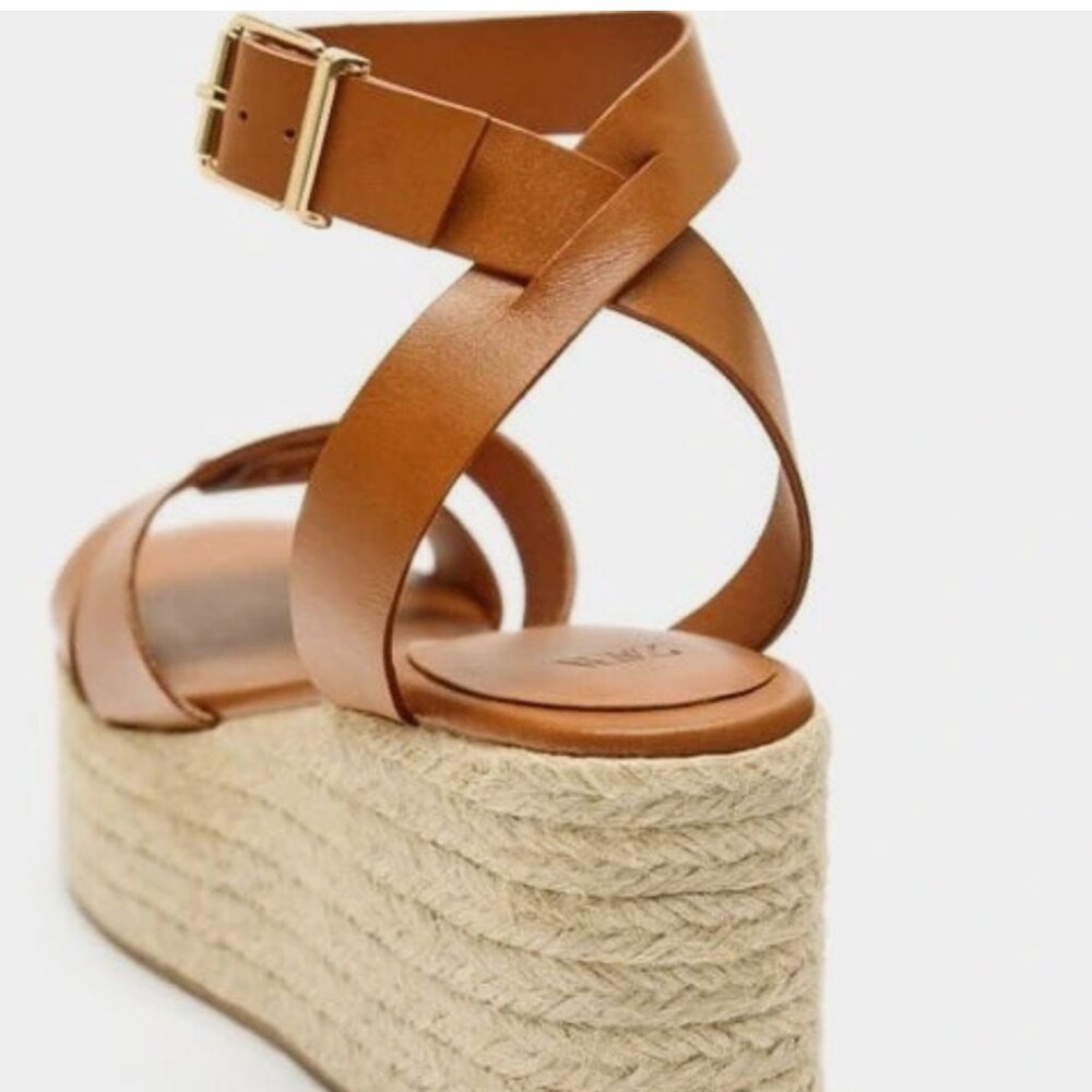Zara Tan Leather Hessian Wedge Sandals Size 41 - Picture 2 of 11
